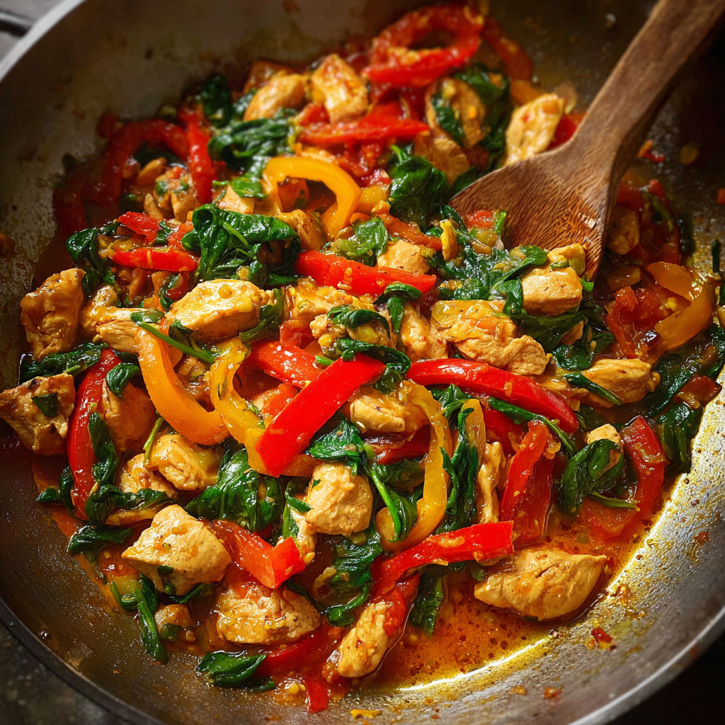 A pan of chicken with spinach and tomatoes.