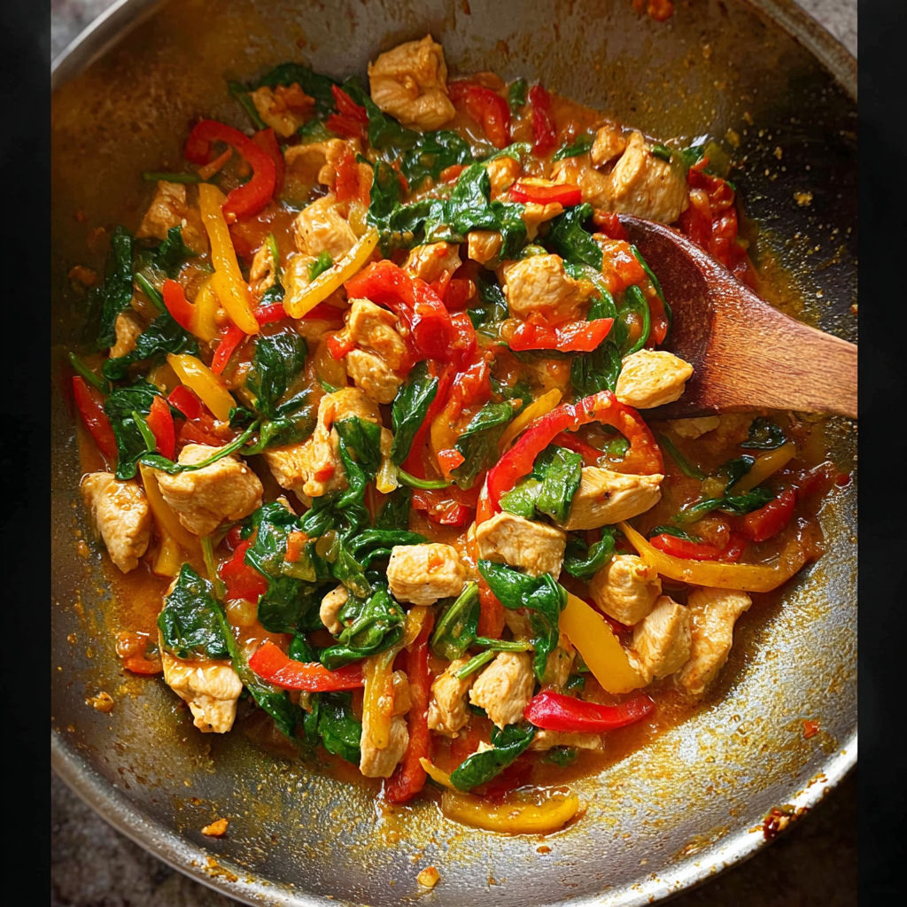 A pan of chicken and spinach.
