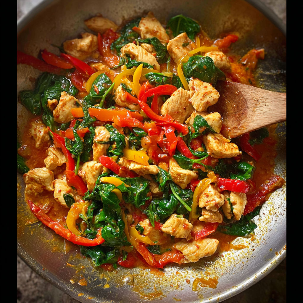 A pan of chicken and spinach.