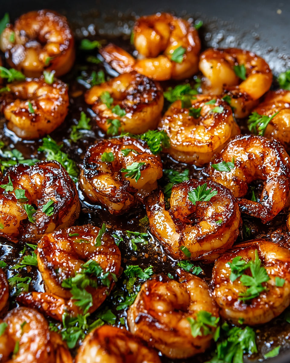 A close up of shrimp in a pan with honey butter and old bay seasoning.