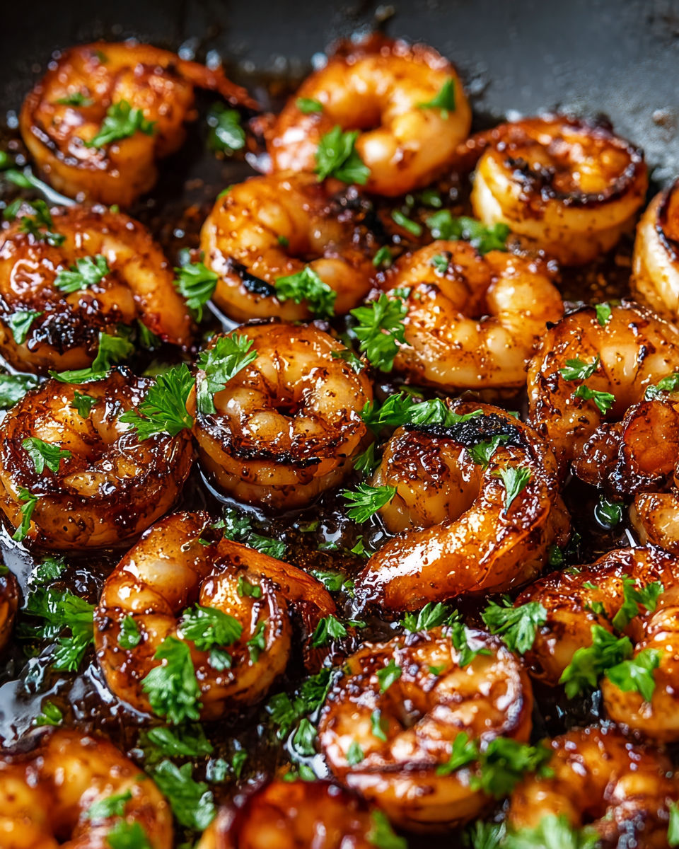 A close up of shrimp in a pan with honey butter and old bay seasoning.