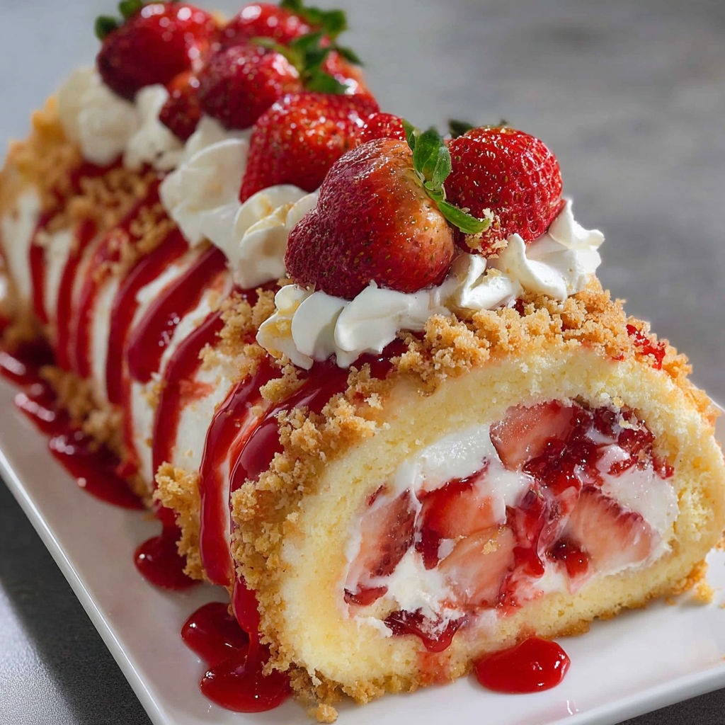 A dessert roll with strawberries and whipped cream.