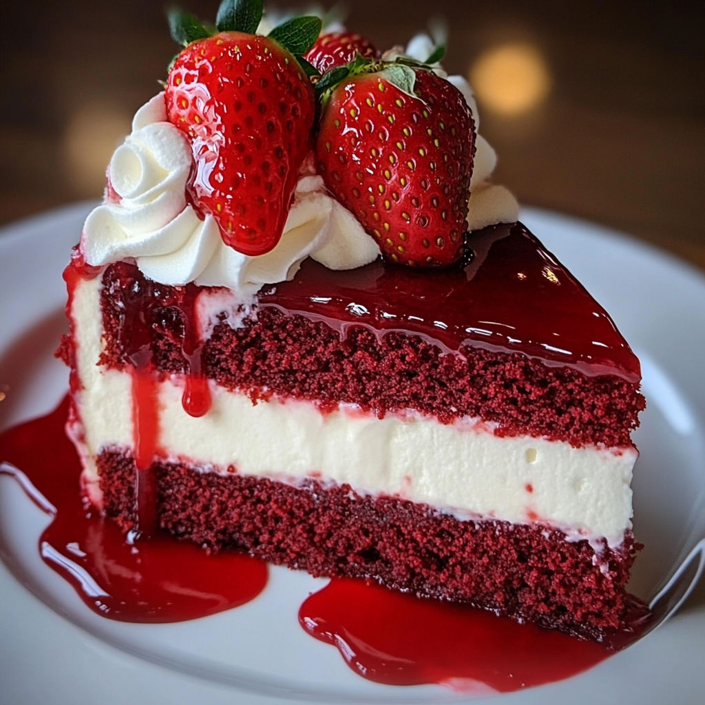 A slice of red velvet strawberry cheesecake.