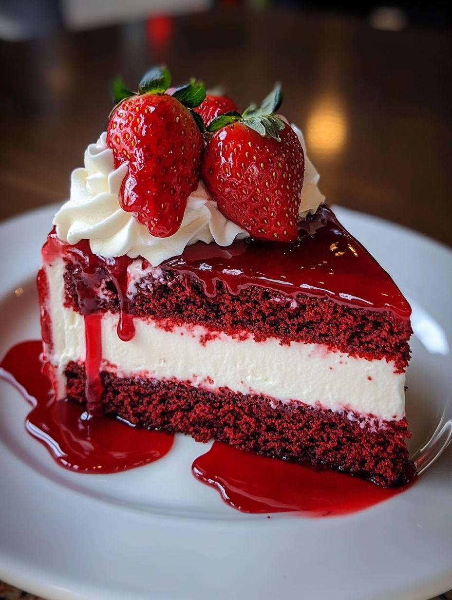 A slice of red velvet strawberry cheesecake.