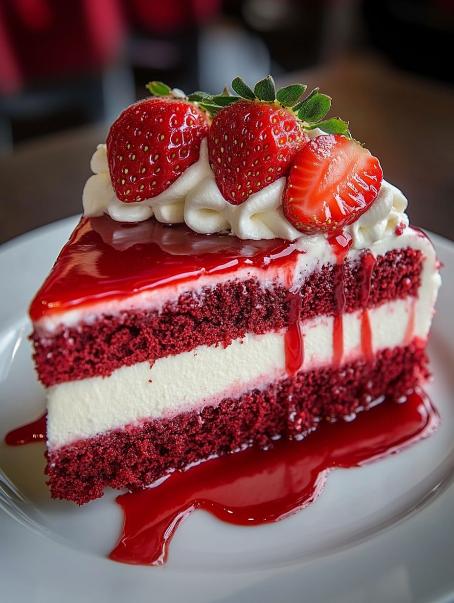 A slice of red velvet strawberry cheesecake.
