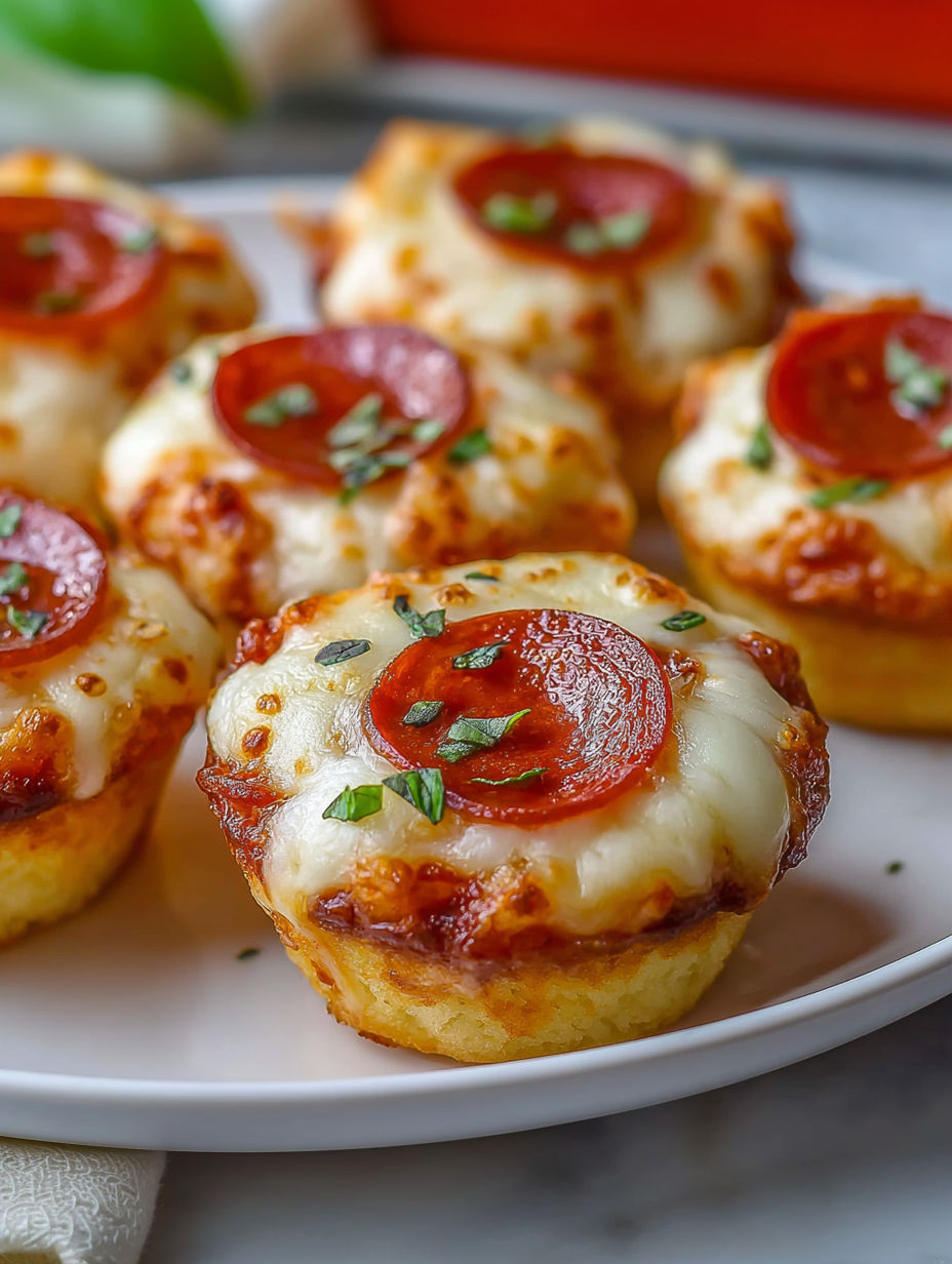 A plate of muffin cupcakes with tomato sauce and cheese.