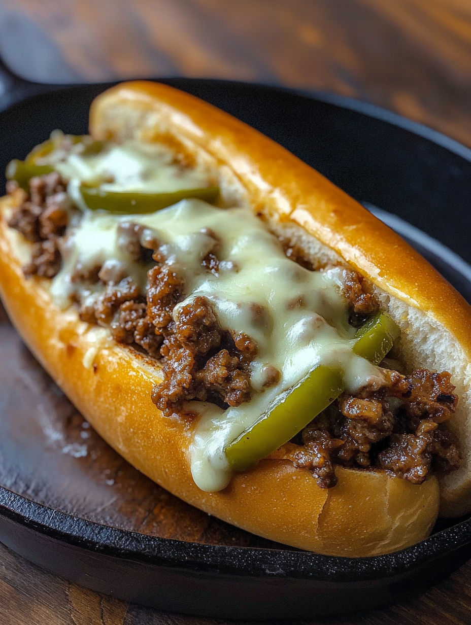A Philly Cheese Steak Joe with a green pepper.