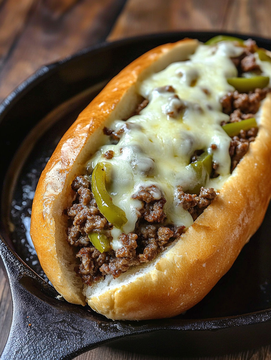 A Philly Cheese Steak Joe with meat and cheese.