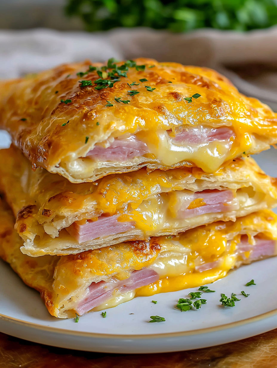 A stack of ham cheese pockets.