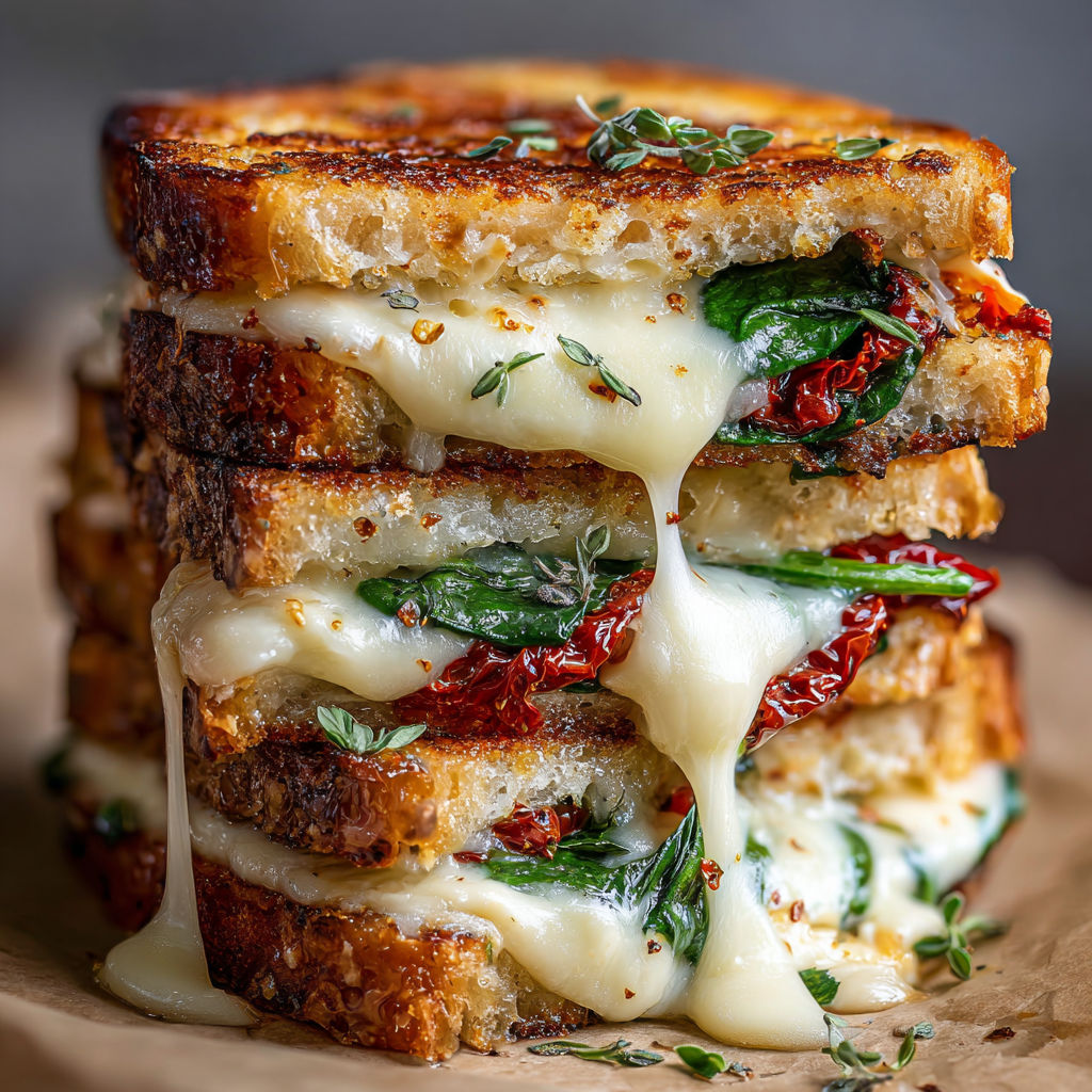 A stack of sandwiches with spinach and cheese.