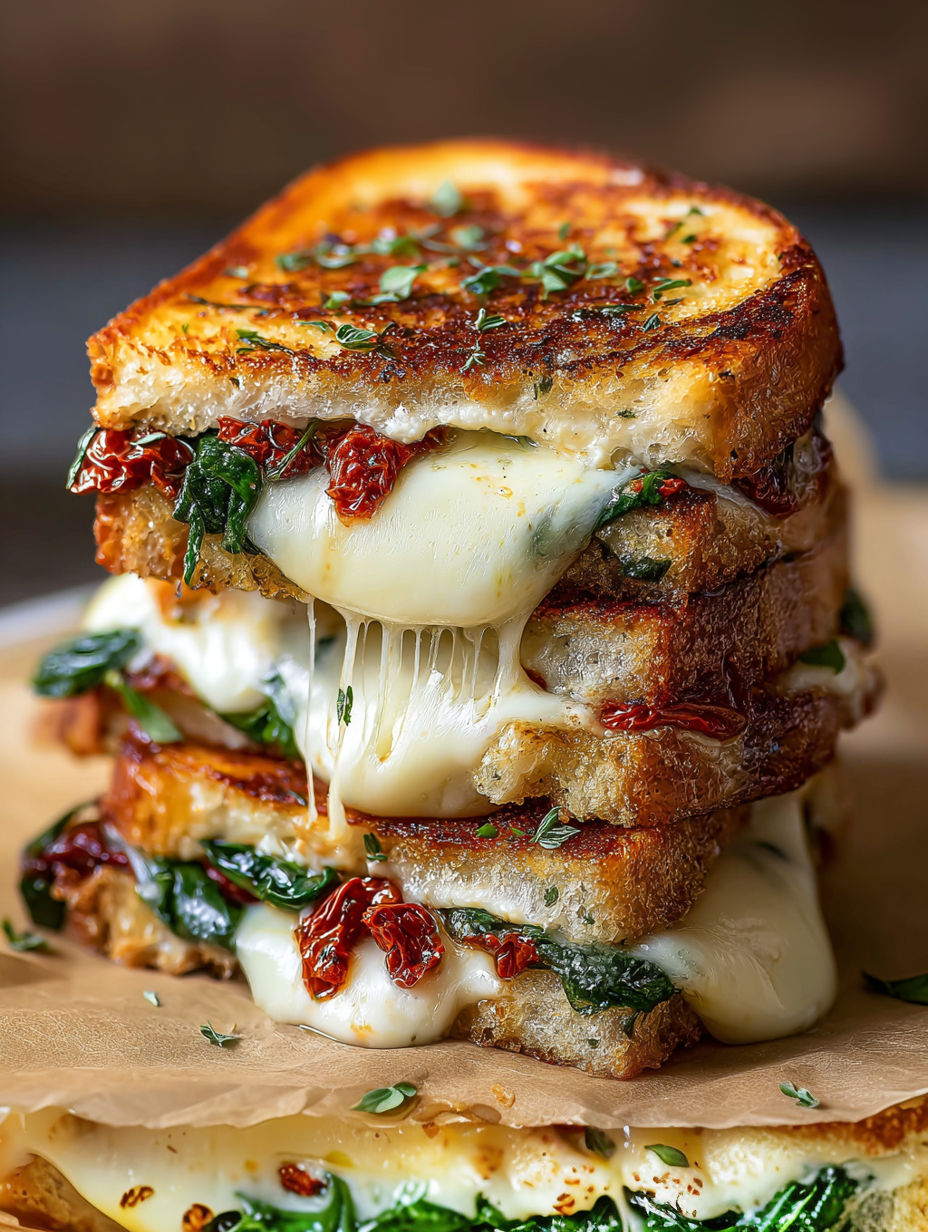 A stack of sandwiches with spinach and cheese.