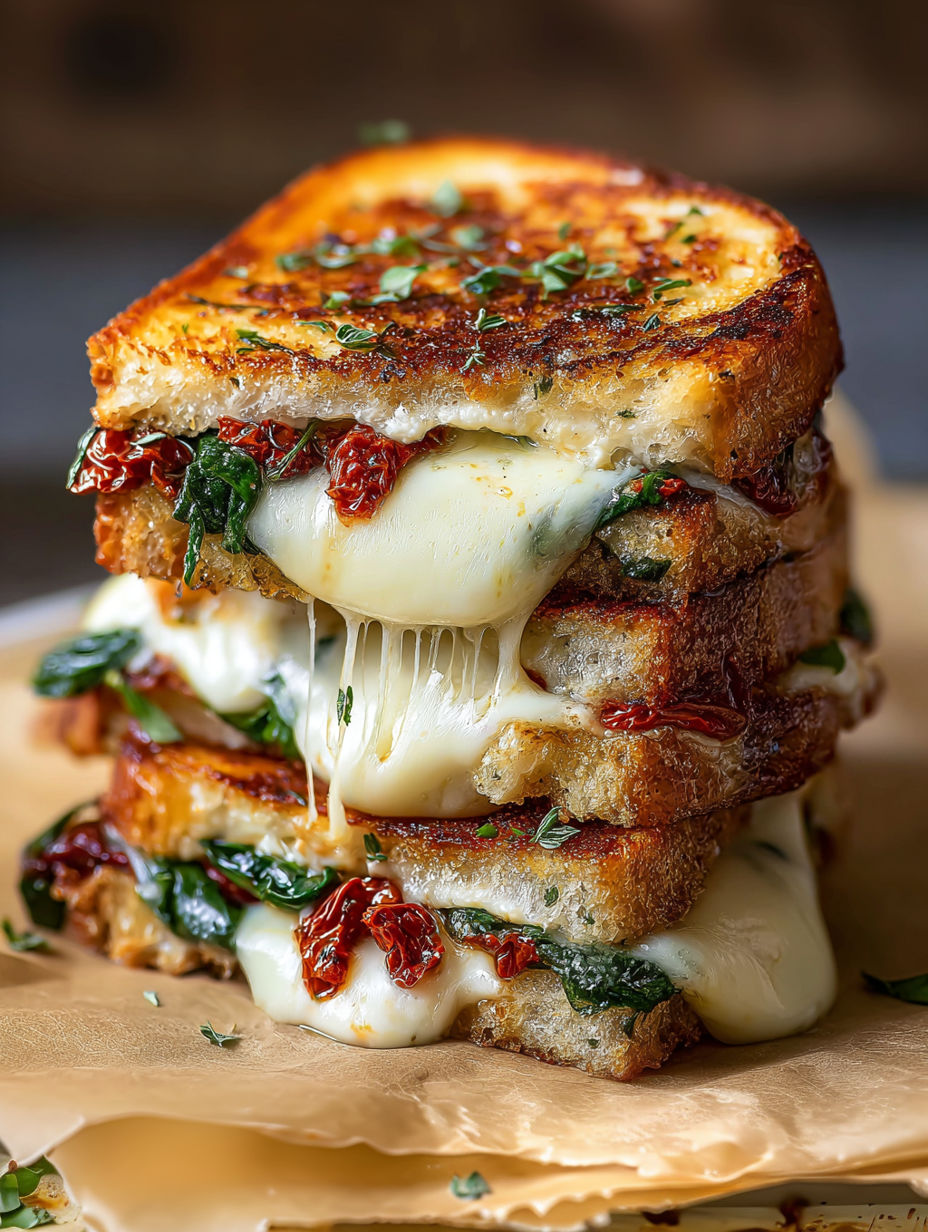 A stack of sandwiches with spinach and cheese.