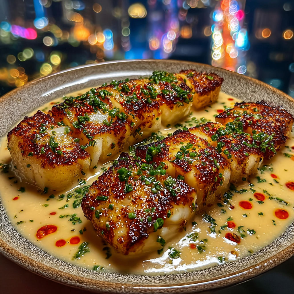 Garlic butter cod strips on a plate.