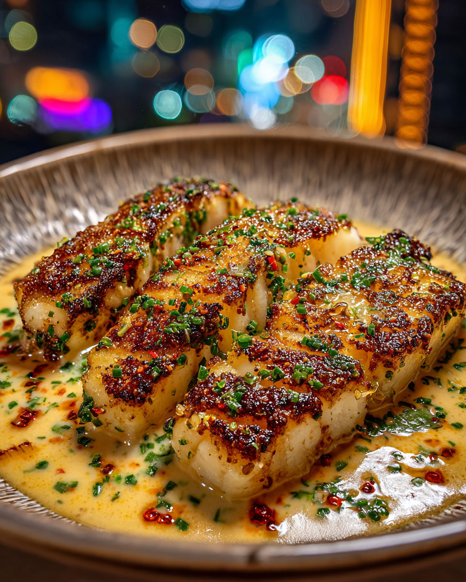 Garlic butter cod strips on a plate.