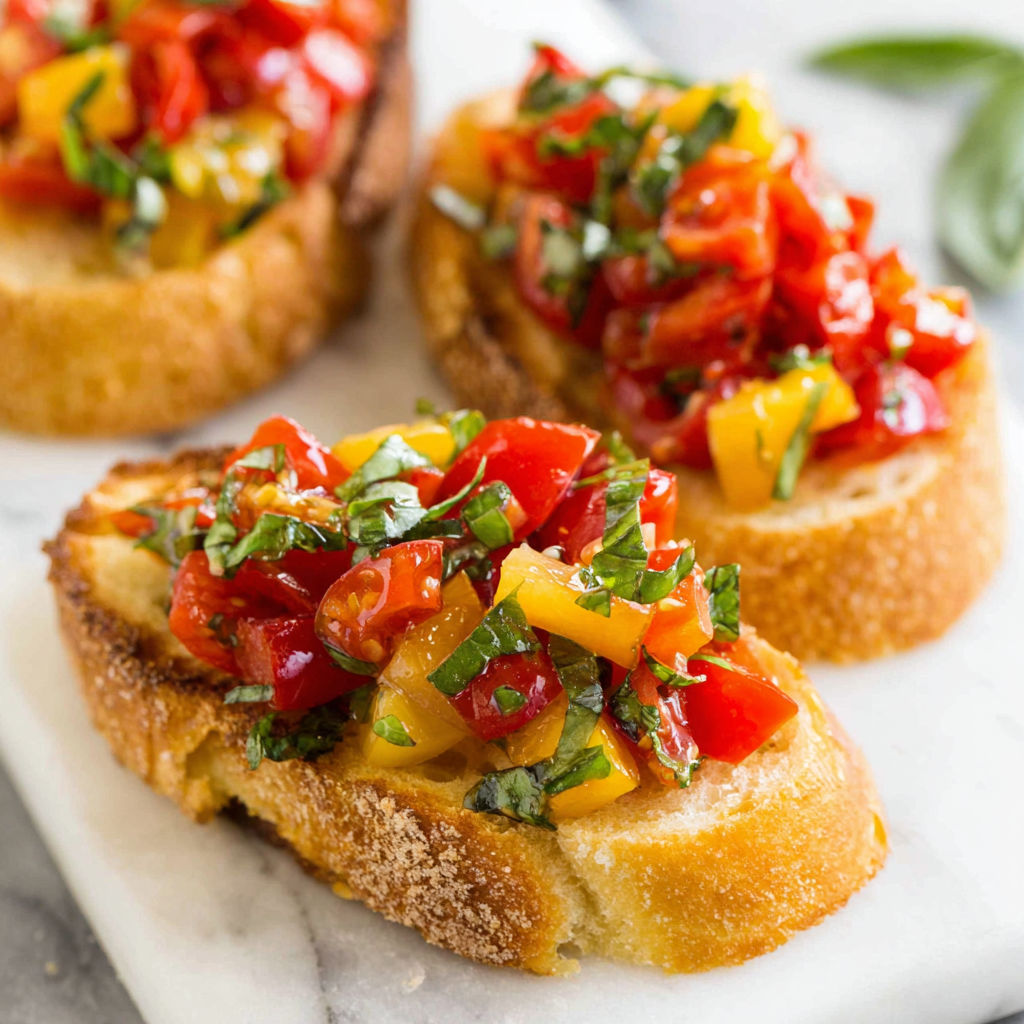 Two pieces of toast with tomatoes and basil on top.