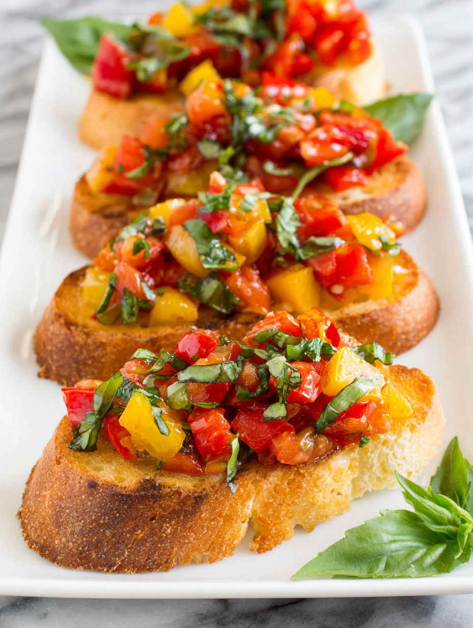 A plate of bread with tomatoes and basil on it.