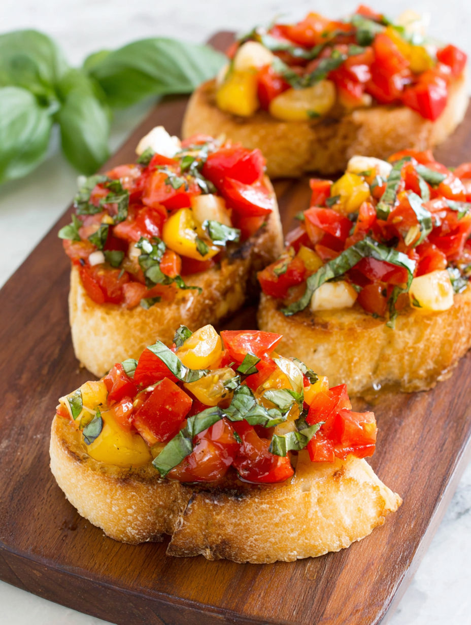 A wooden cutting board with four pieces of bread topped with tomatoes and basil.