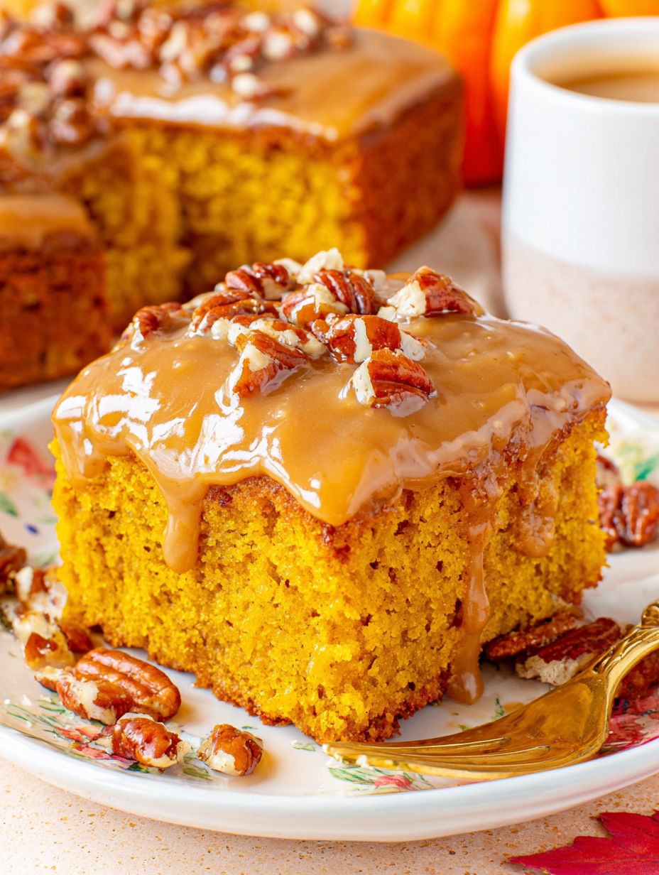 A slice of pumpkin snack cake with praline topping.