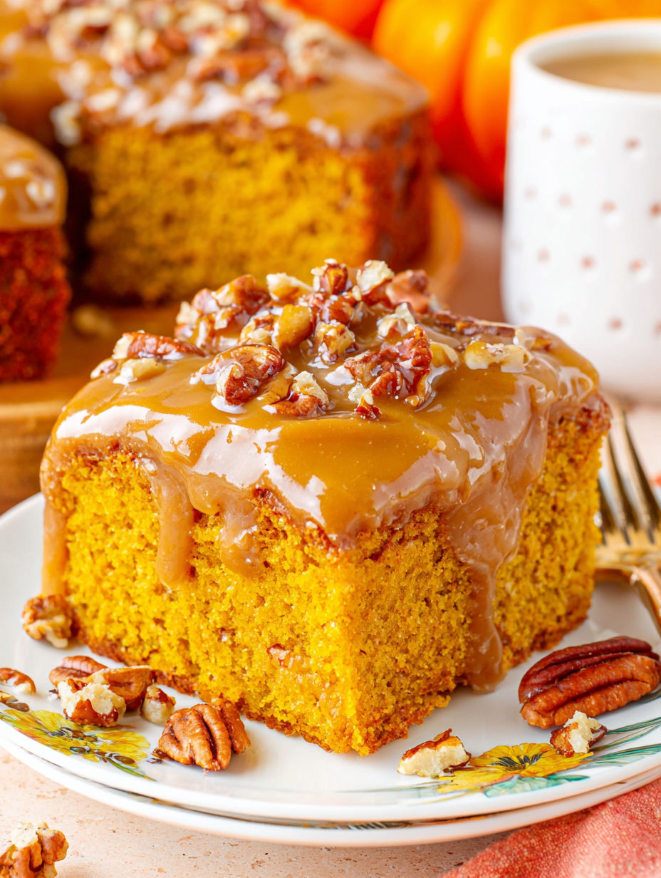 A slice of pumpkin snack cake with praline topping.