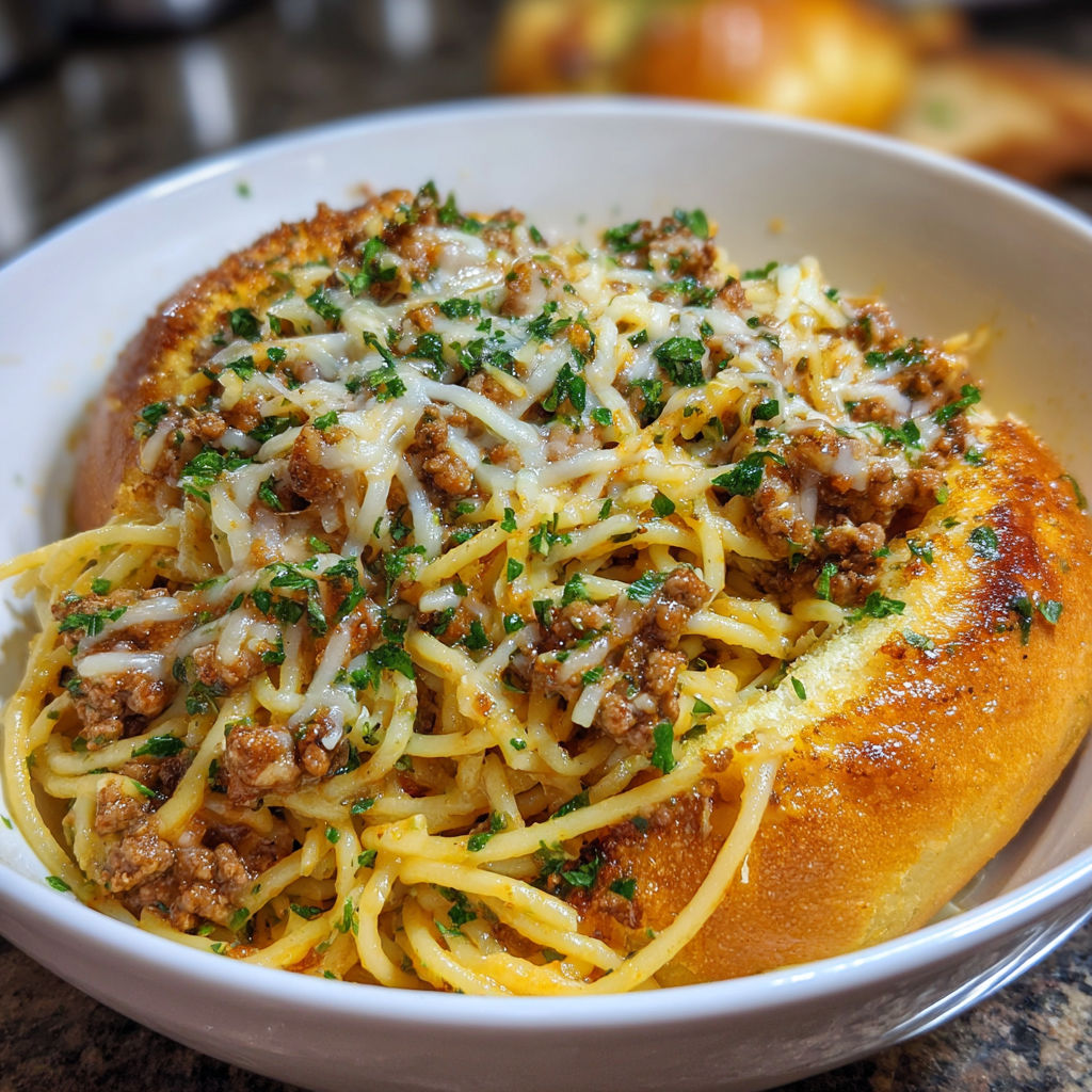A bowl of spaghetti with garlic bread.