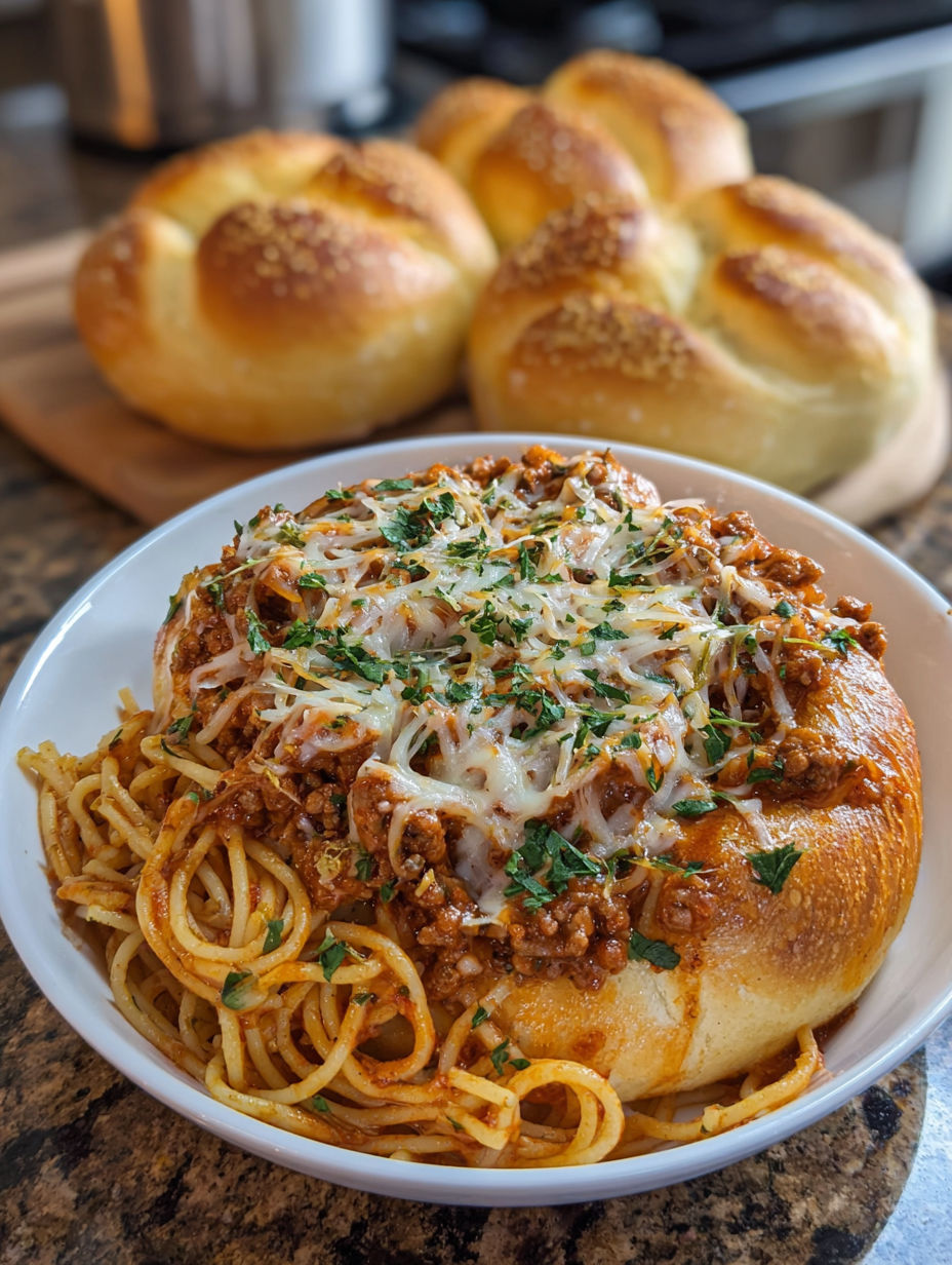 A bowl of spaghetti with garlic bread on the side.