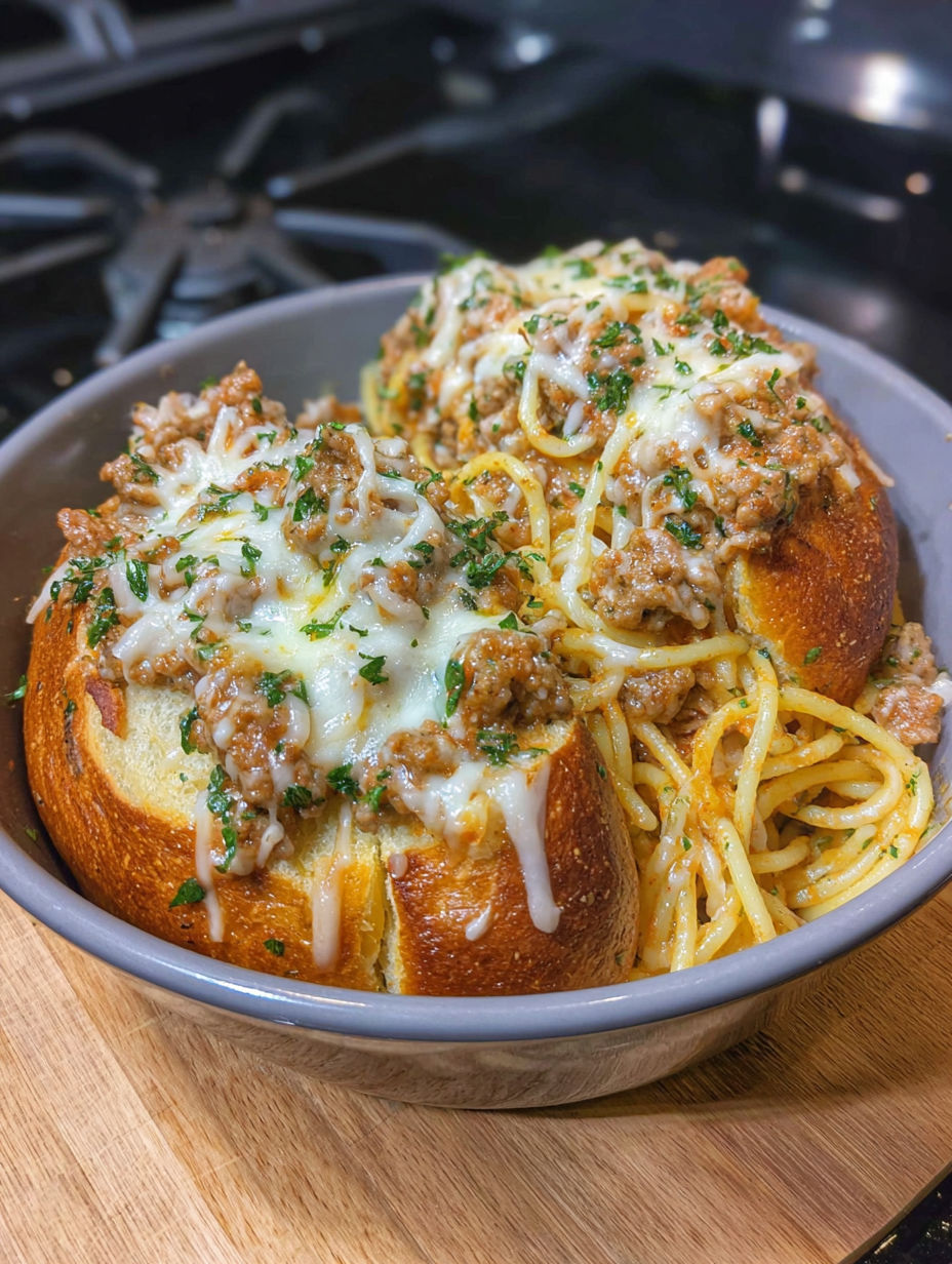 A bowl of spaghetti with garlic bread.