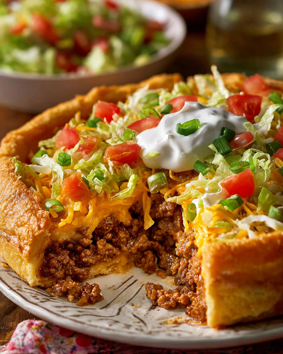 A Pillsbury Crescent Roll Taco with lettuce and tomatoes.