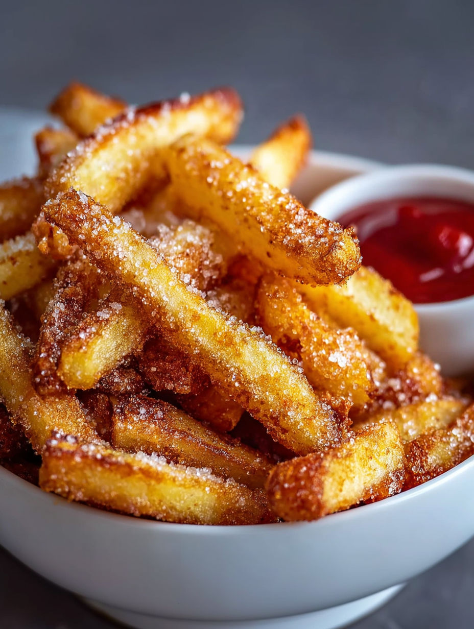 A bowl of crispy air fryer apple fries.