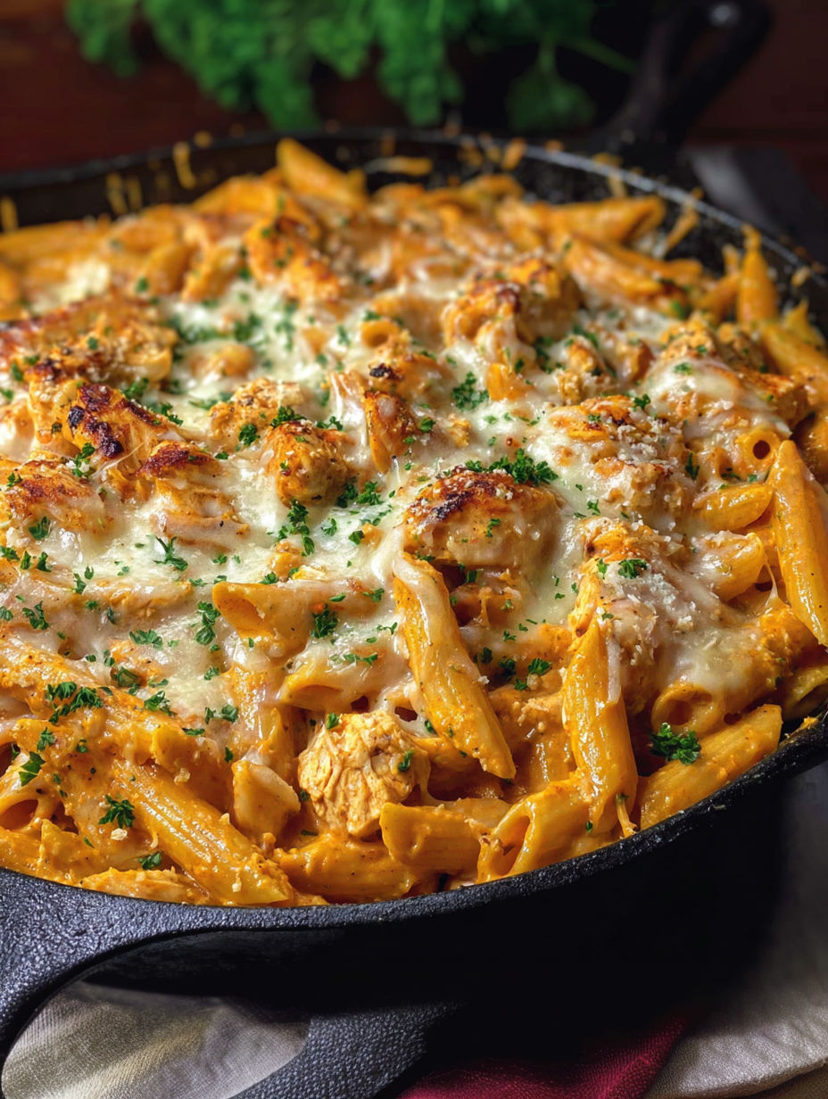 A skillet of cheesy pasta with chicken.