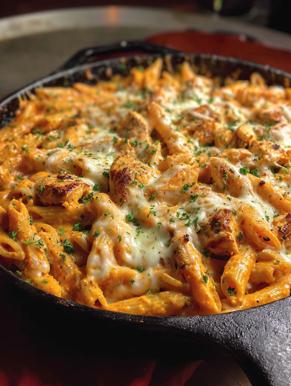 A skillet of cheesy pasta with chicken.