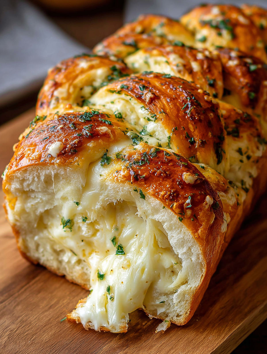 A piece of garlic herb cheese bread.