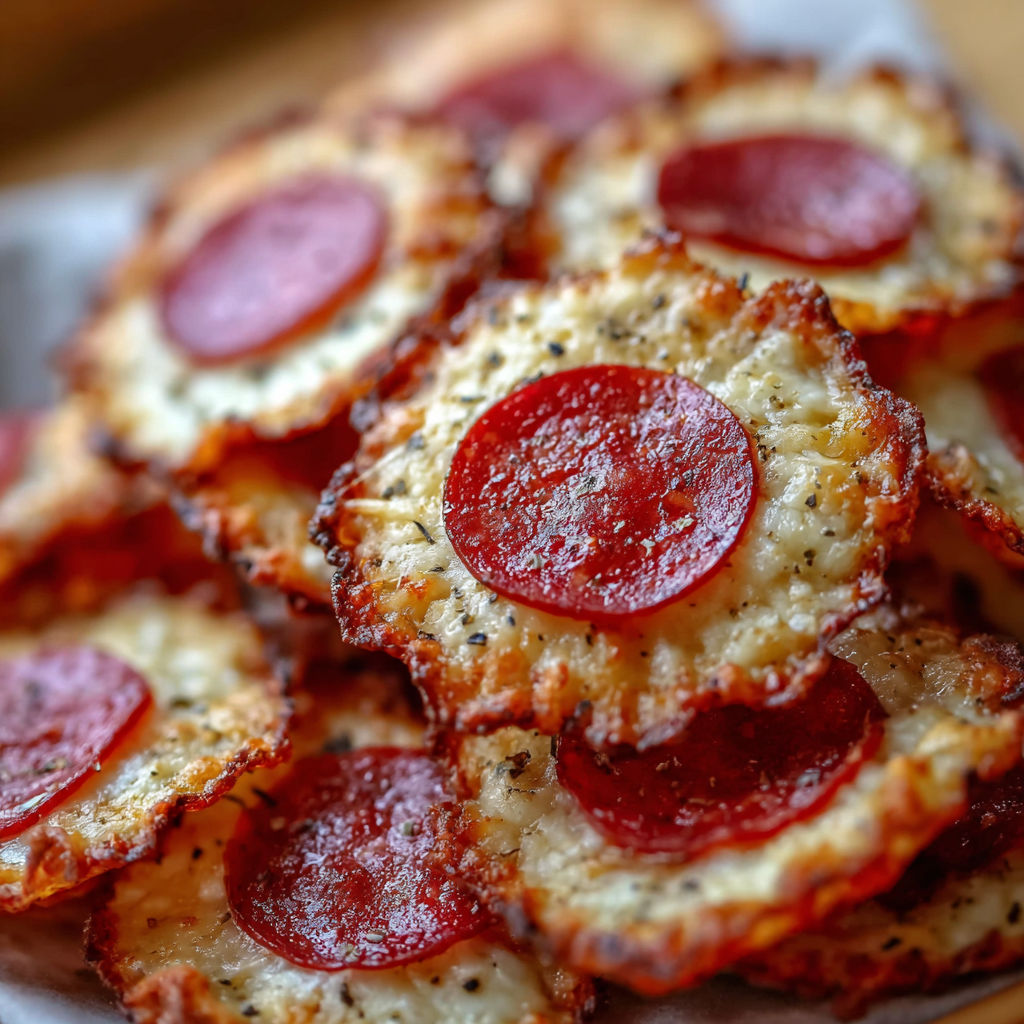 A plate of mini pepperoni cheese chips.