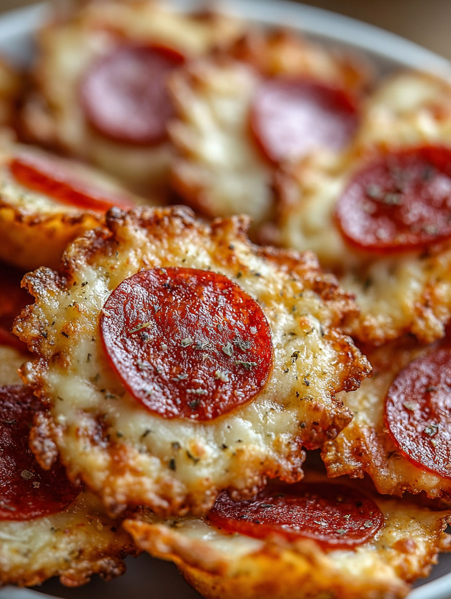 A plate of mini pepperoni cheese chips.