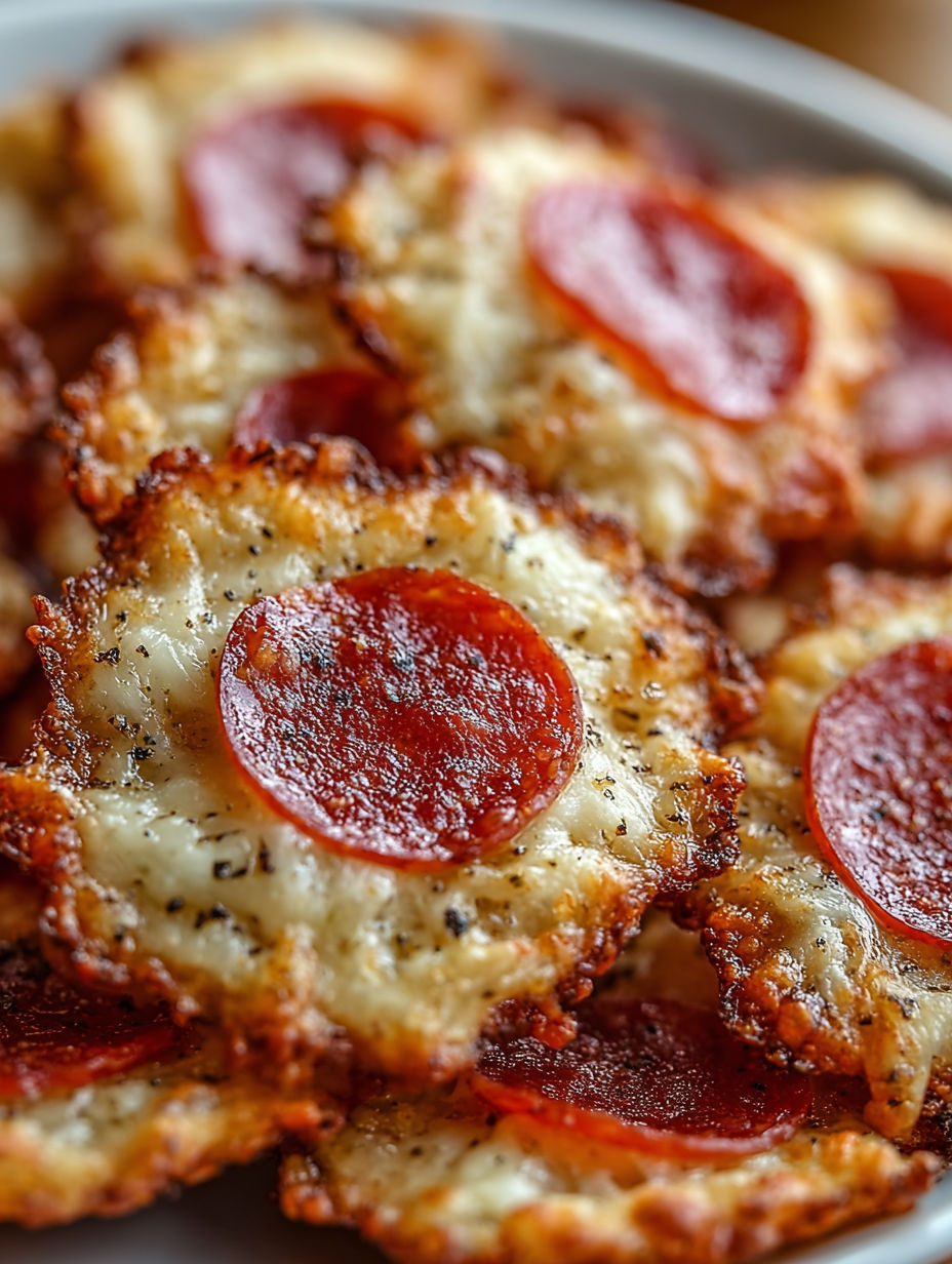 A plate of mini pepperoni cheese chips.
