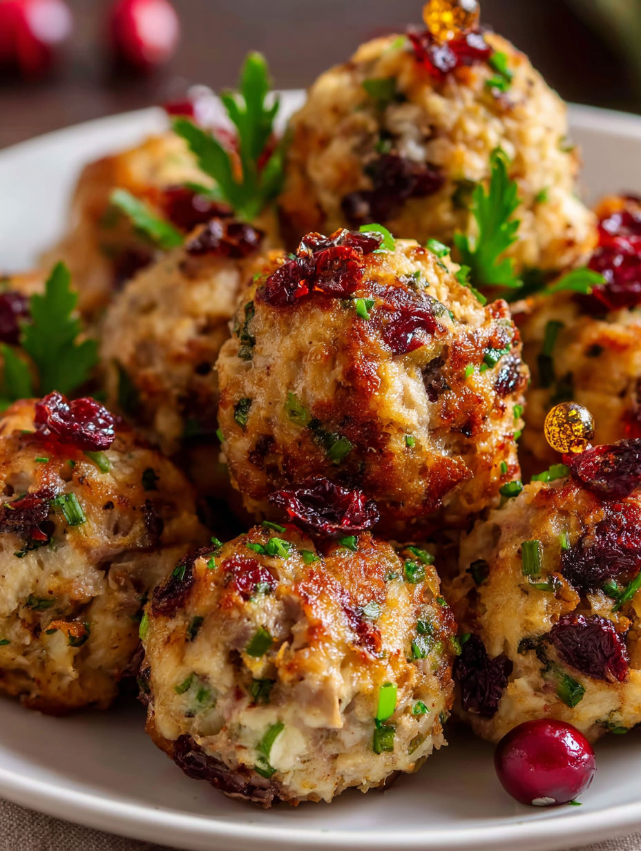 Turkey and stuffing meatballs on a plate.