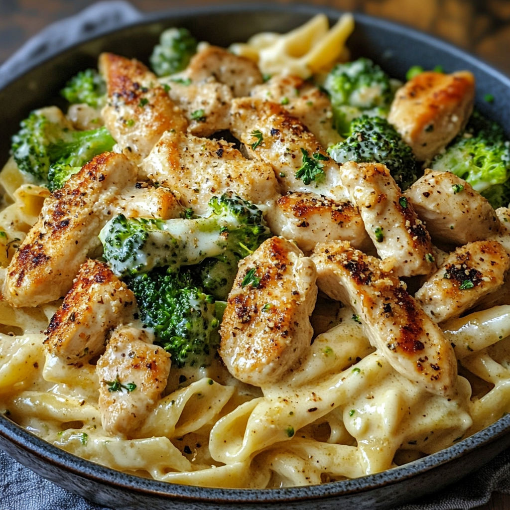 A bowl of Cajun Chicken Broccoli Alfredo.