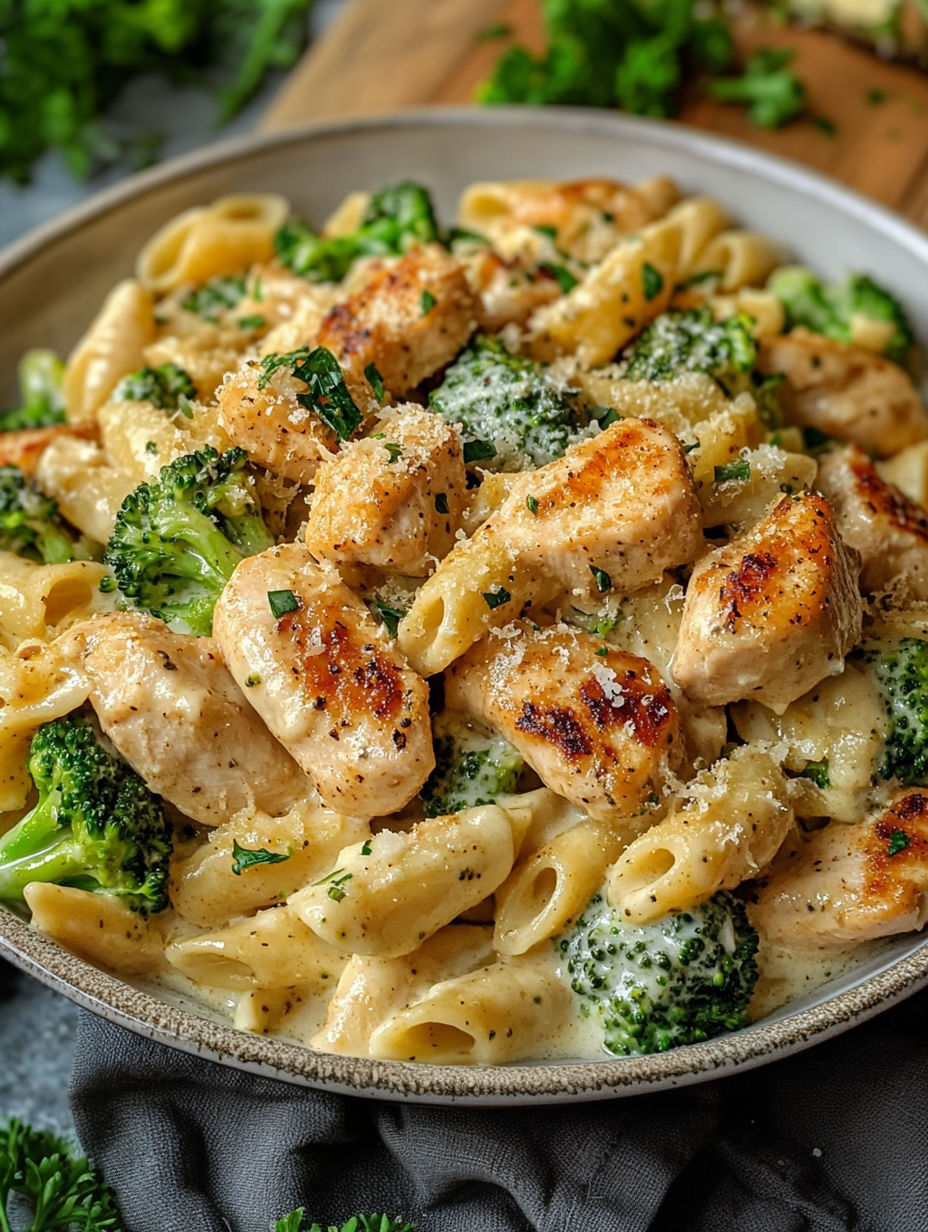 A bowl of Cajun Chicken Broccoli Alfredo.
