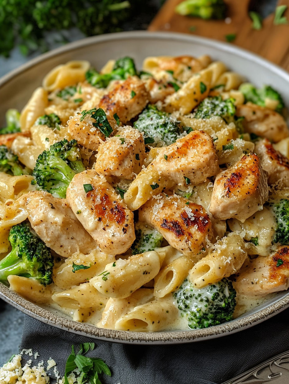 A bowl of Cajun Chicken Broccoli Alfredo.