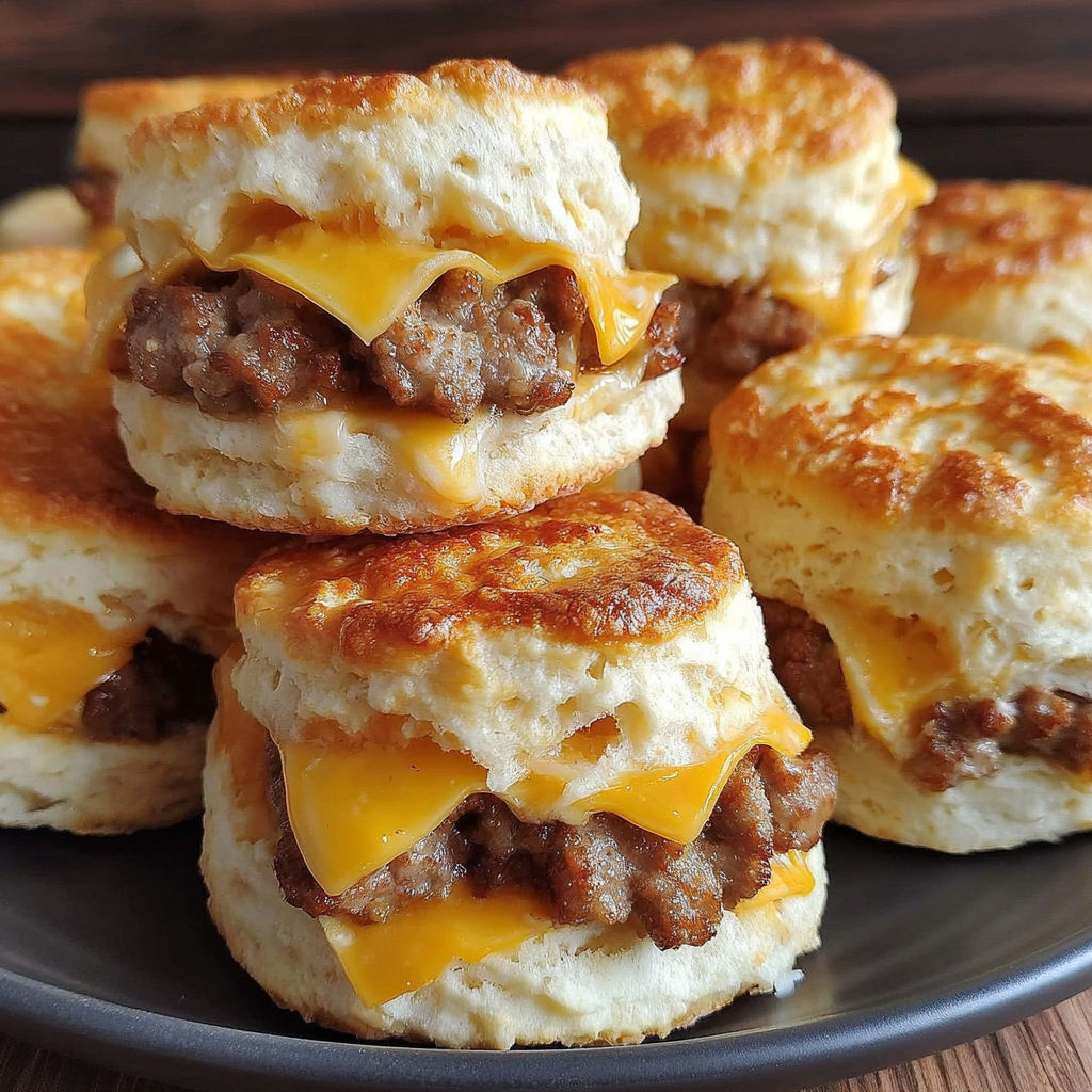 A plate of biscuits with sausage in them.