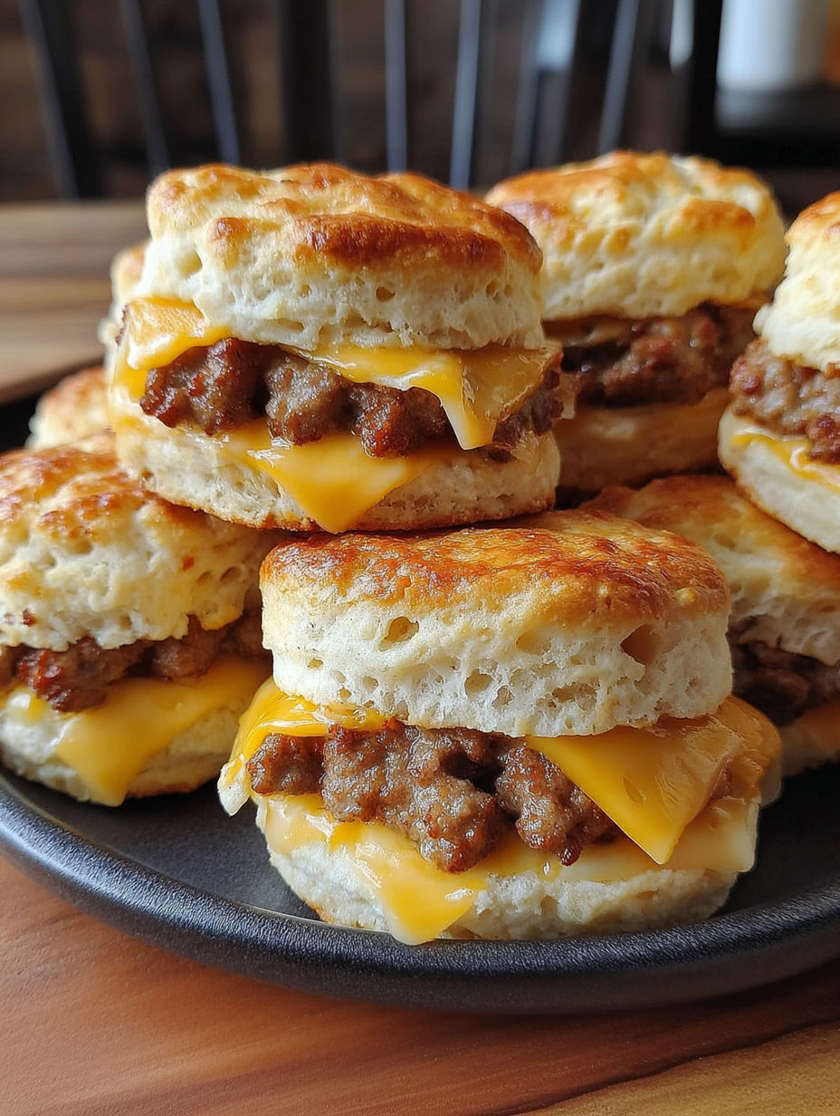 A plate of biscuits with sausage on top.