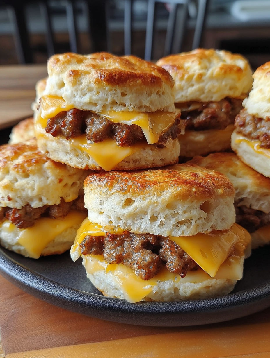 A plate of biscuits with sausage and cheese.