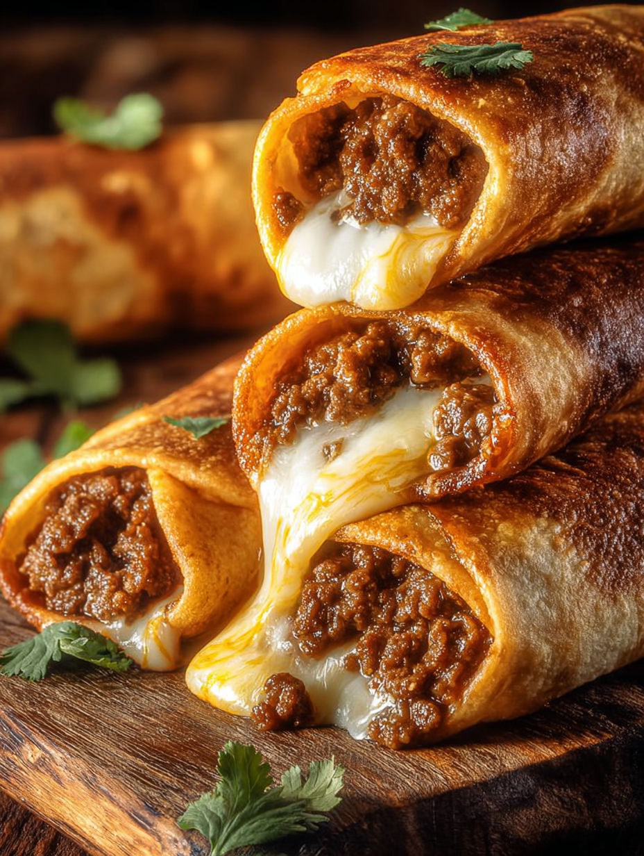 A stack of crispy beef cheese chimichangas.