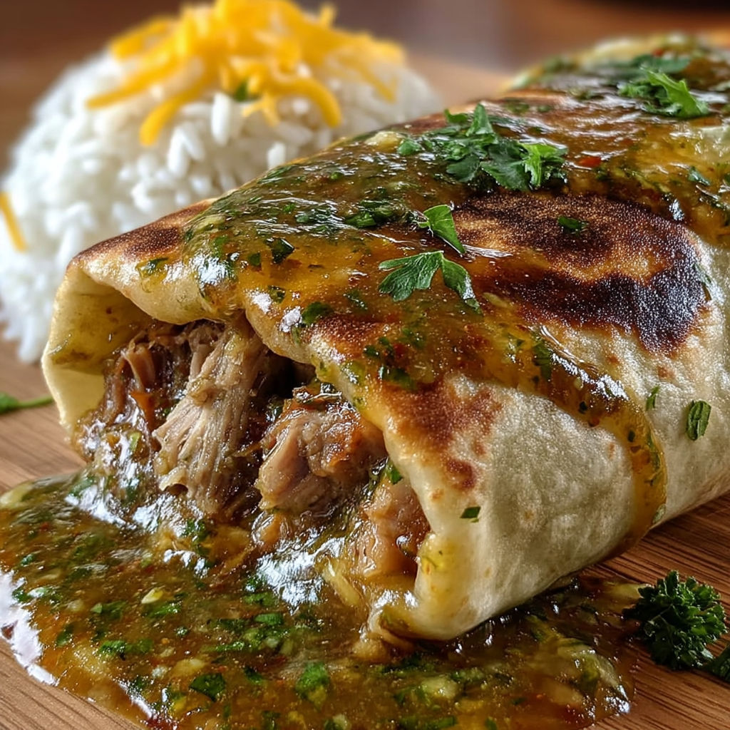 A Chili Verde Hatch Burrito with rice and cheese.