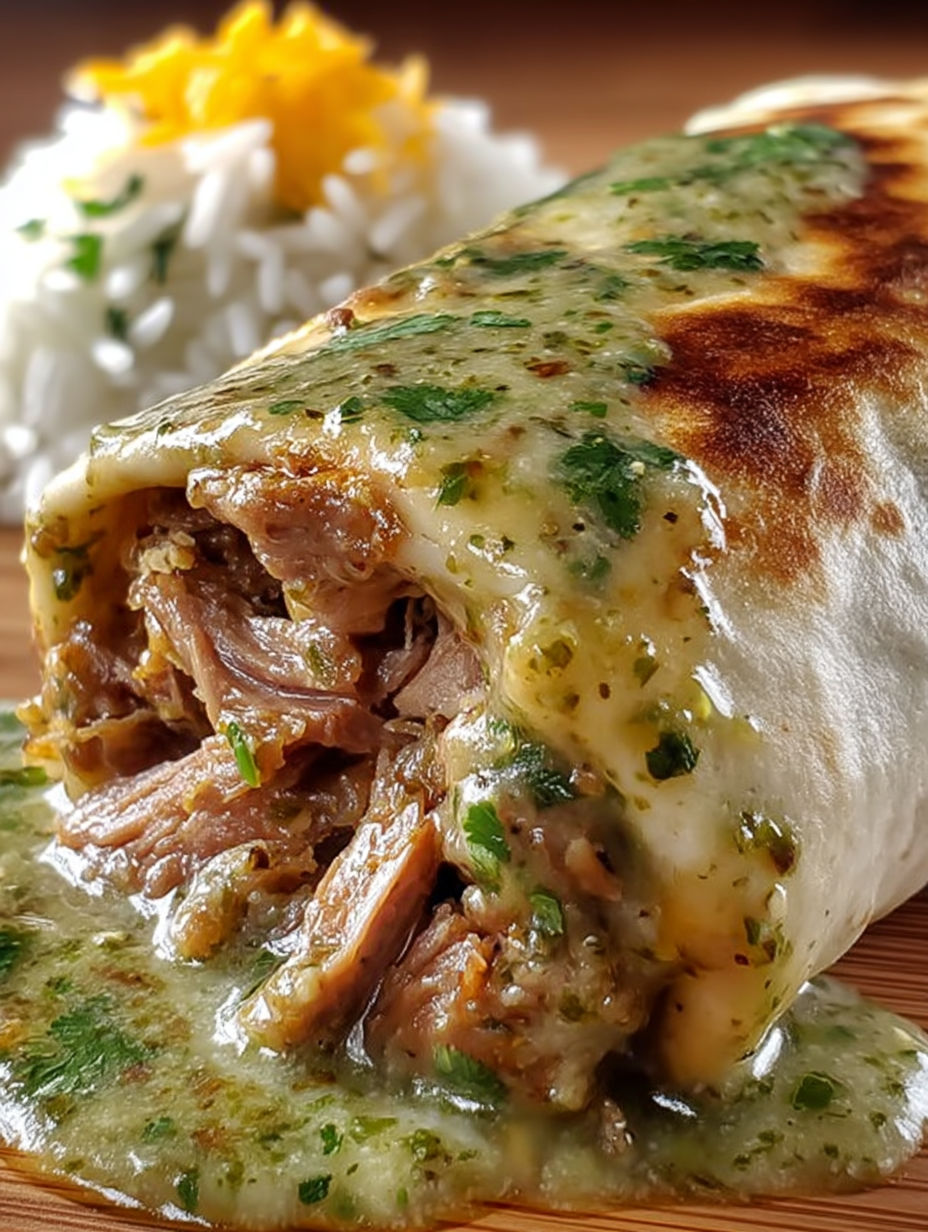 A chili verde hatch burrito with meat and cheese.