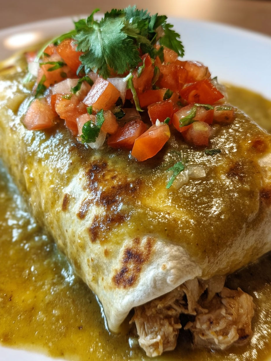 A Chili Verde Hatch Burrito with tomatoes and onions on top.