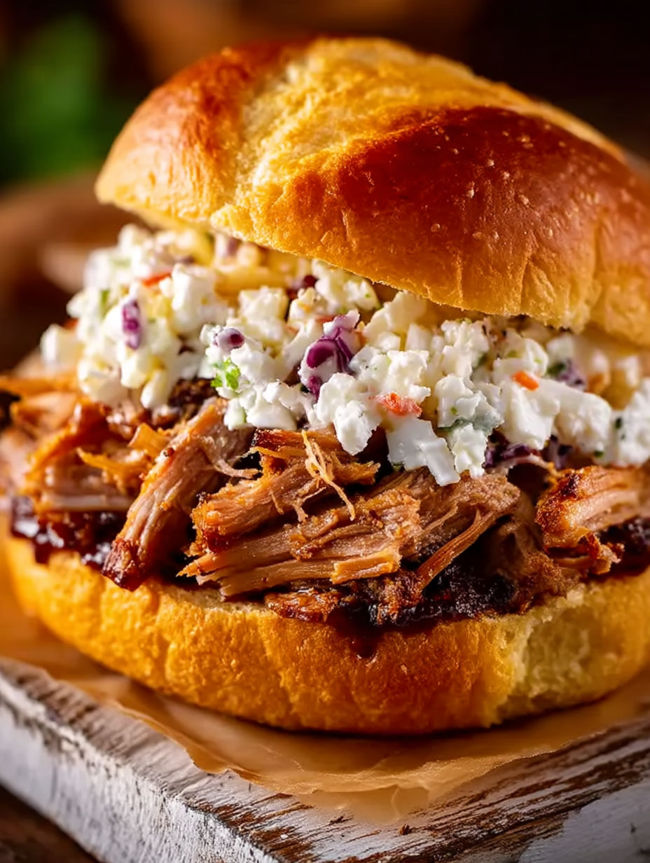 A sandwich with pulled pork and coleslaw.