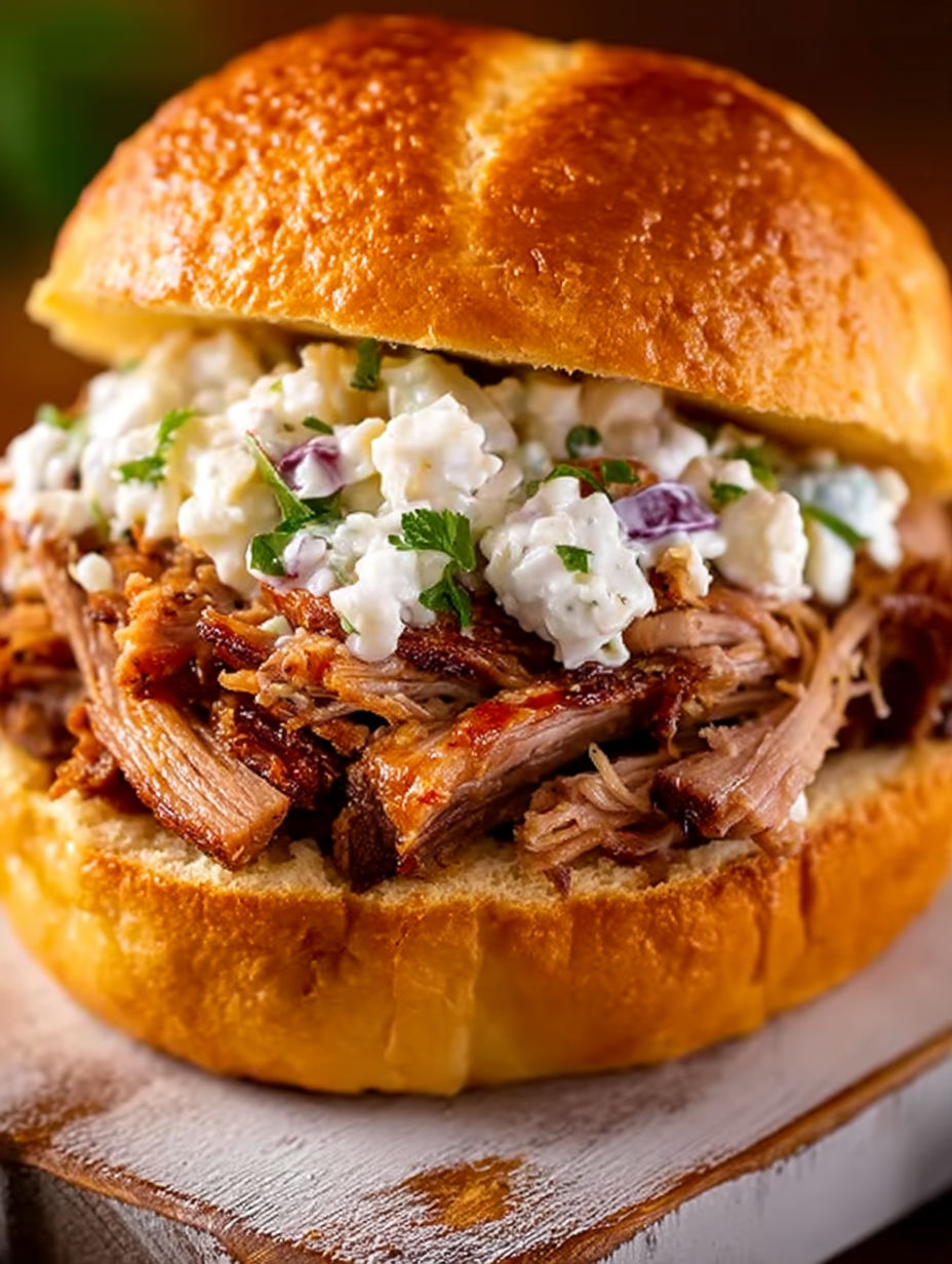 A sandwich with pulled pork and cheese.