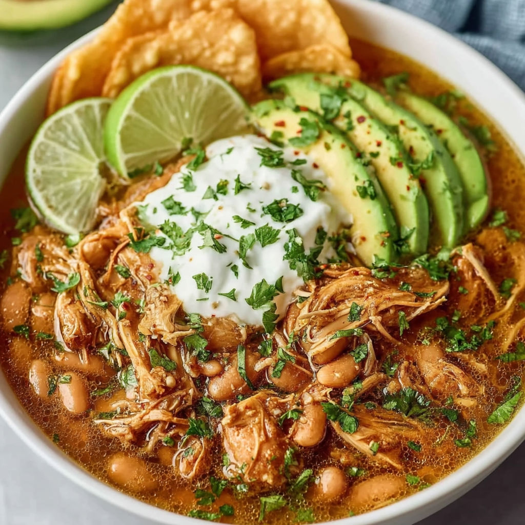 A bowl of chili with chicken, beans, and avocado.