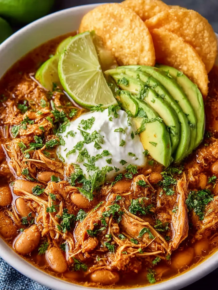 A bowl of chili with chicken and avocado.
