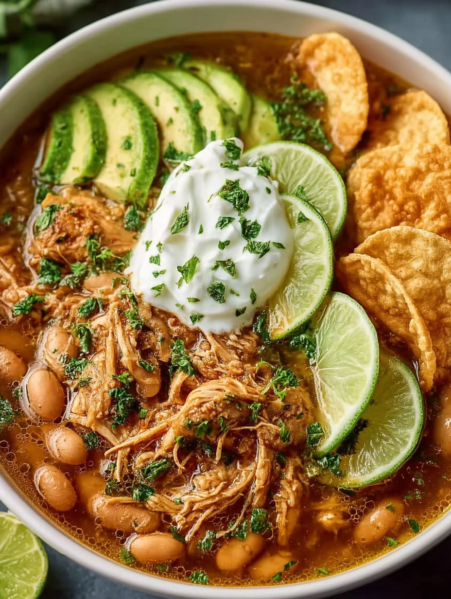 A bowl of chili with chicken and avocado.